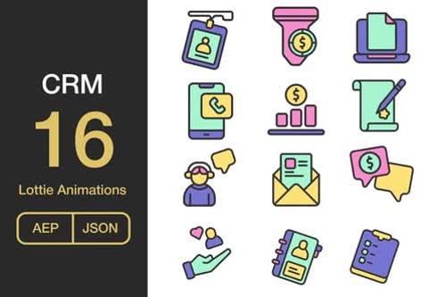 Animated CRM Business Icons in Flat Design Style