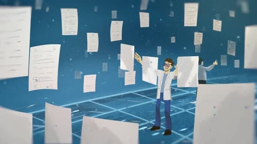 Scientist with Flying Paper Documents
