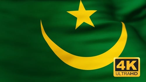 Mauritania National Flag Waving in Wind with Islamic Symbols