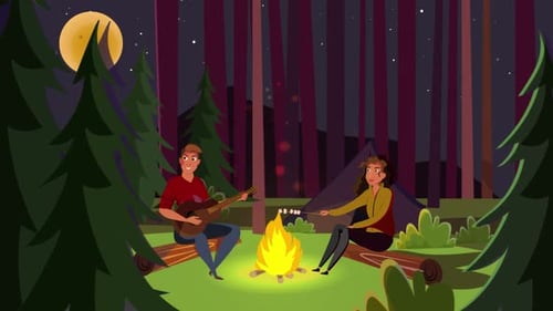 Night Campfire with Friends Playing Guitar and Roasting Marshmallows