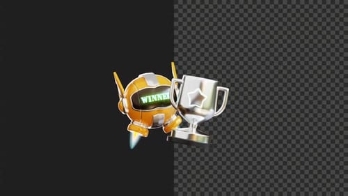 Animated 3D Robot Mascot Celebrating Victory with a Trophy