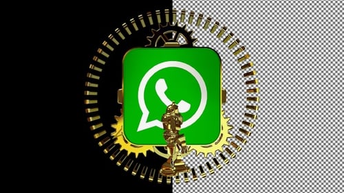 Logotipo giratório do WhatsApp com mecanismo de relógio dourado e robô, canal alfa, exclusivo, renderização 3D
