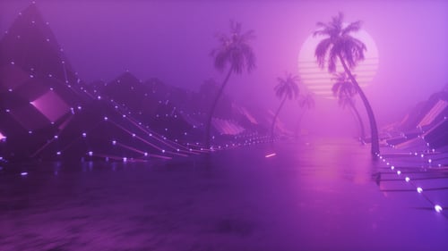Synth Wave Style Endless Road With Palm Trees And Sun Looped Background