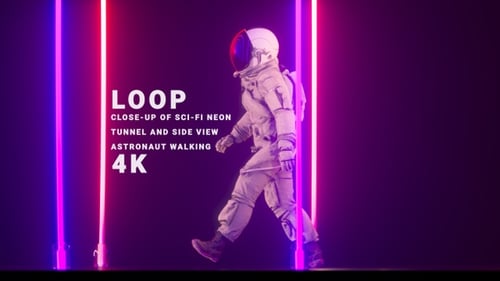 Close Up Of Sci Fi Neon Tunnel And Side View Astronaut Walking