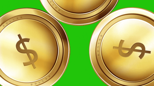 Falling golden dollar coins on green screen with black and white luma matte overlay clip