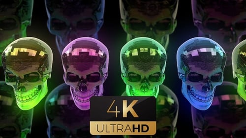 Vibrant Neon Reflective Skulls Looping Motion Background