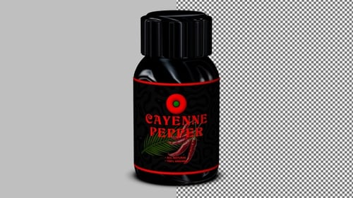 Cayenne pepper in glossy black bottle spins endlessly on transparent background, design-ready