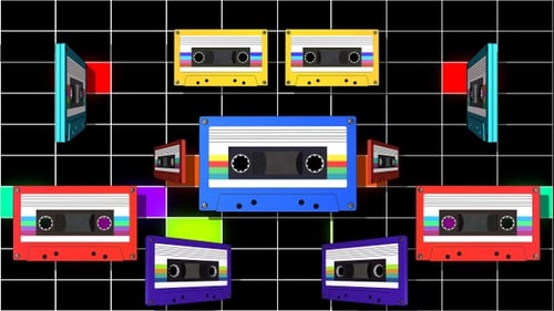 Animated Retro Cassette Tapes with Colorful Grid Background