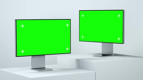 Dual Monitor Green Screen Mockup – Minimal 3D Display Scene