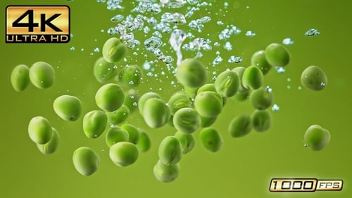 Green Peas Dropped Into Water Making Bubbles And Sinking On Green Background, Slow Motion and Macro