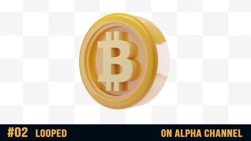 Animated 3D Bitcoin Coin Rotations on Alpha Channel Loop