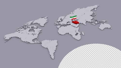 3D World Map Focus on Iran with Flag