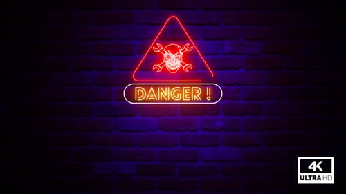 Animated Neon Danger Sign with Skull and Wrenches