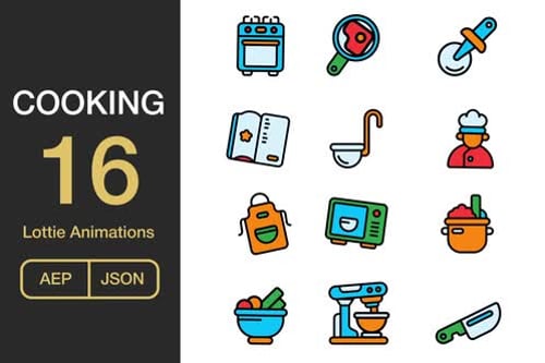 Animated Cooking and Kitchen Icons in Flat Design Style
