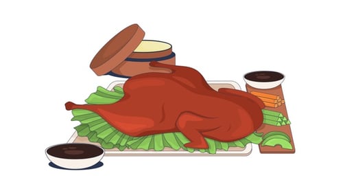 Peking duck with dipping sauces and sliced vegetables cartoon animation