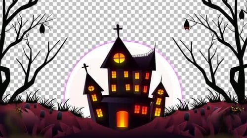 Spooky Halloween Haunted House with Pumpkins and Bats Animation