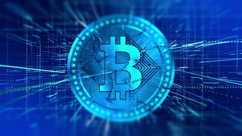 Virtual cryptocurrency Bitcoin sign in digital cyberspace. 4K UHD slow motion animation loop.