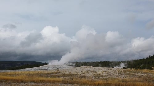 Spectacular eruption of Old Faithful Geyser in Yellowstone National Park, as steam and water erupt