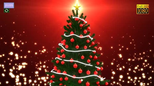 Looping Christmas Tree with Red Background and Golden Sparkles