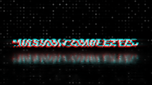 Reflection Glitch Text "Mission Completed" With Blink Dots Animation