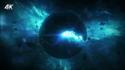Space Planet Breaking Apart with Blue Energy Core Reveal