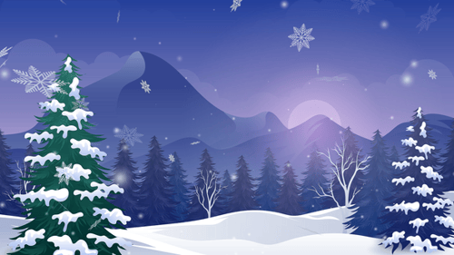 Winter wonderland art depicts snowy mountains pine trees and gently falling snowflakes.