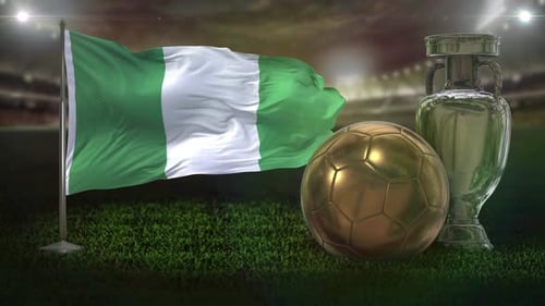 Animated Nigeria Flag with Football and Silver Trophy