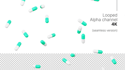 Falling pills alpha loop animation. Turquoise and white capsules 4K