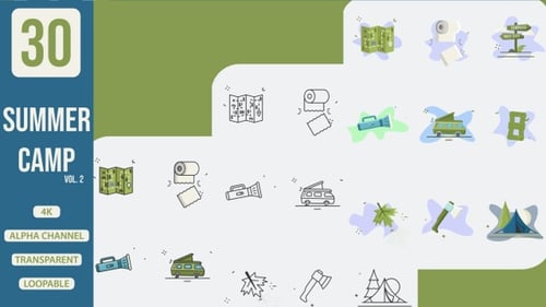 icon pack of summer camp adventure illustration animation, icon set of outdoor camp animated