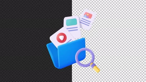 Animated 3D File Folder, Documents, and Magnifying Glass Icon