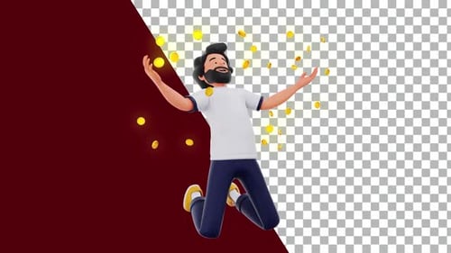 Joyful 3D Man Jumping With Falling Gold Coins Animation