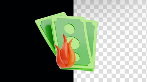3D Animated Money Bills with Burning Flame Icon