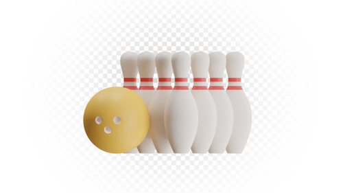 3D Render of Yellow Bowling Ball and White Pins for Sports Competition Concept