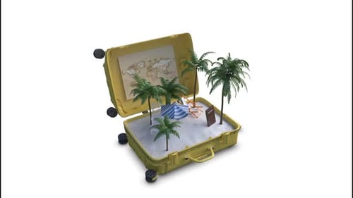 Animated Yellow Suitcase Reveals Tropical Beach Vacation Scene