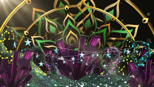 Golden Green Mandala and Sparkling Crystal Festive Background