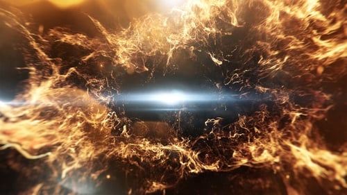 Explosion de particules de feu dorées entourant une lumière blanche rayonnante dans l'espace