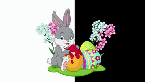 Süßer kleiner Hase, der Ostereier bemalt, Grasanimation V2