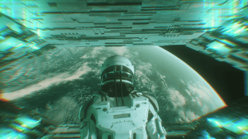 Walking Astronaut In Futuristic Sci Fi Tunnel With Planet Earth View Background