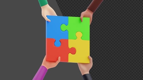 Animação 3D do conceito de trabalho em equipe conectando peças do quebra-cabeça | Alpha Channel
