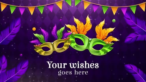 Animated Mardi Gras Festive Masks with Colorful Feathers Background