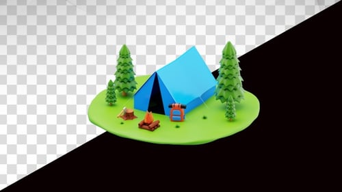 Campingzelt mit 3D-Animation einer Lagerfeuerszene