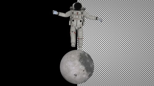 Happy astronaut runs on the Moon. Alpha Channel