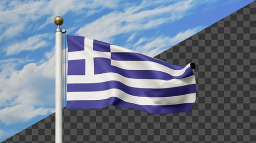 Realistic Waving Greek Flag on Flagpole Animation