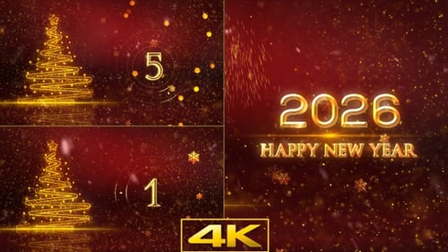 Festive Golden Christmas Tree and New Year Countdown with Fireworks