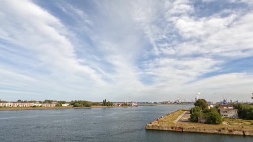 Dramatic sky. The sea, the horizon. Timelapse. Time lapse of fast flying clouds in the sky.