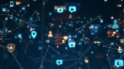 Animated Digital Network with Glowing Technology Icons Background