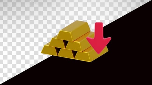 3d animation of Gold bar with red arrow showing price drop