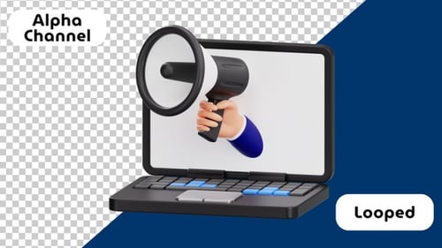 3D Laptop with Digital Marketing Megaphone | Alpha Channel