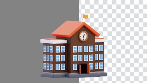 3D Animation of School Building and Flag Above It | Alpha Channel