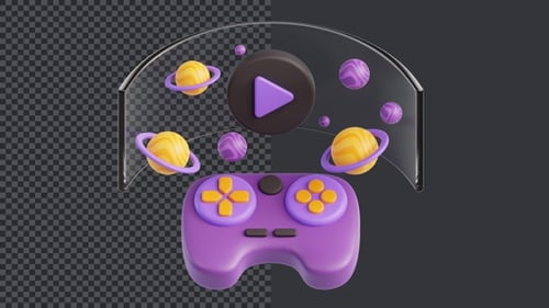 Animated 3D Game Controller with Holographic Screen and Planets